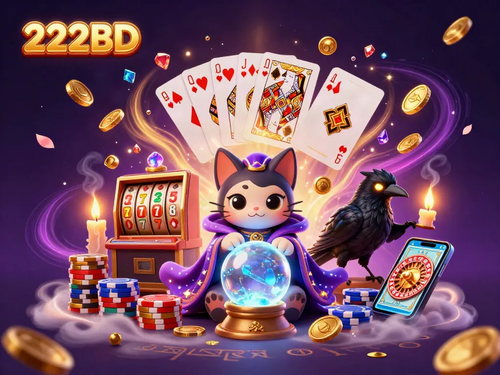 Play slots with 222BD featuring a vibrant scene of mystical characters and casino elements
