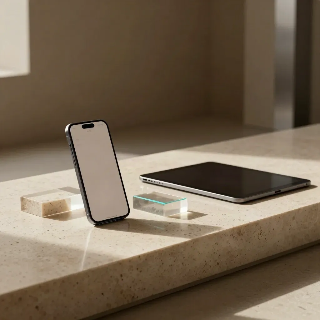 Set landing page con smartphone, tablet e blocchi CTA su una mensola in travertino.