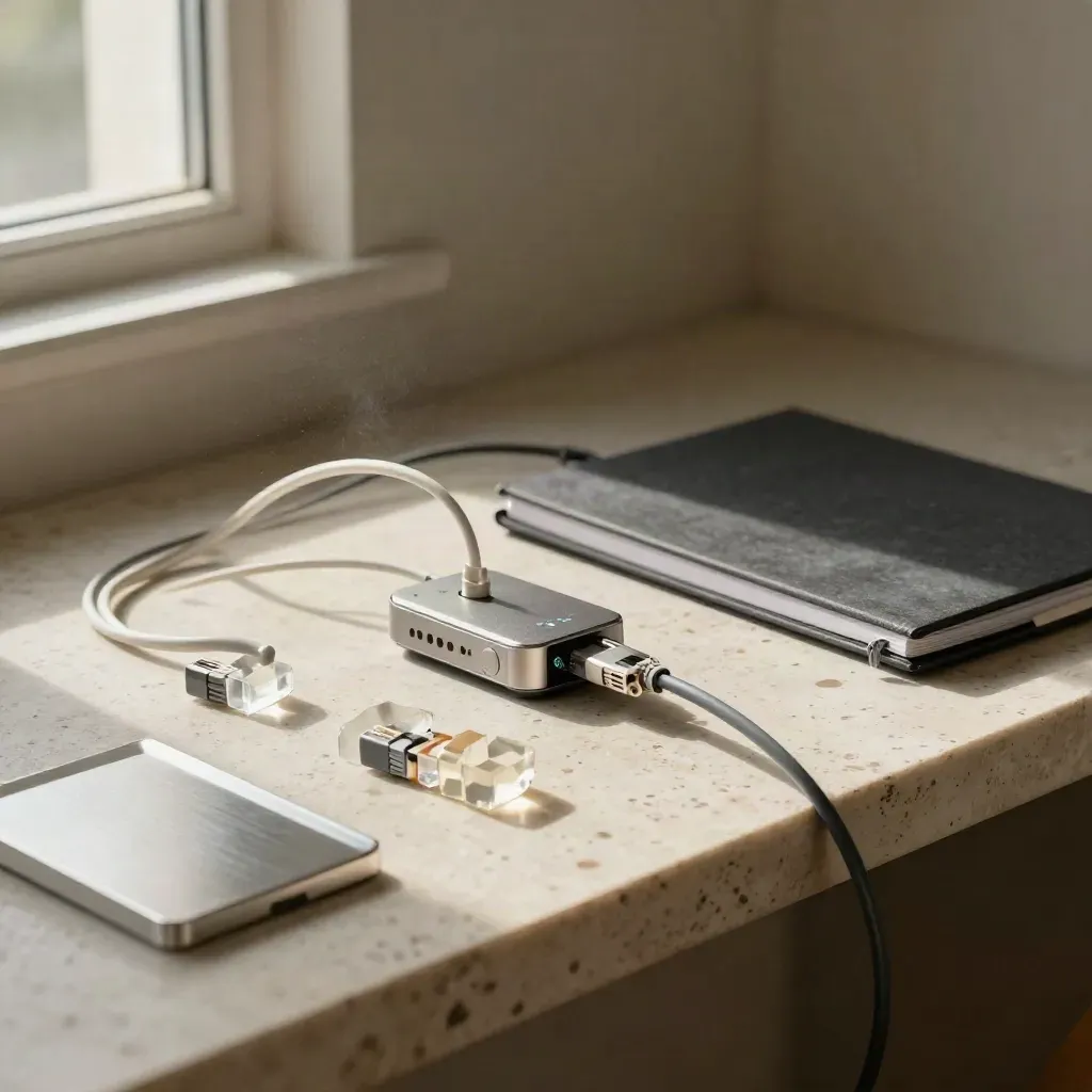 Natura morta SEO su travertino con nodi acrilici, cavo ethernet e hub diagnostico.
