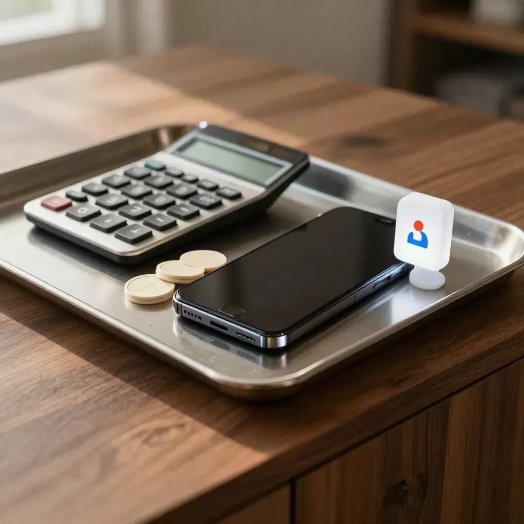 Smartphone, calcolatrice, gettoni budget e tile campagna su vassoio metallico, luce calda.