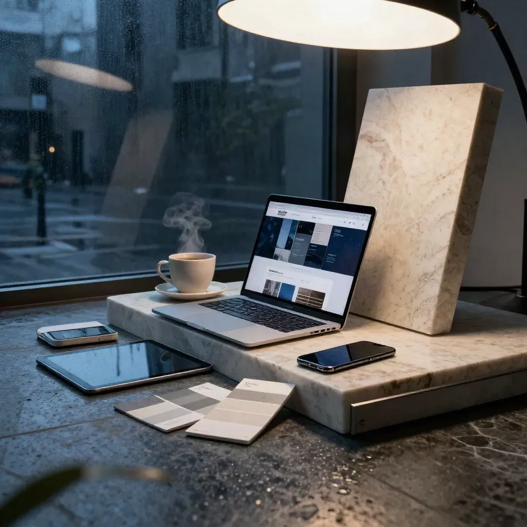 Laptop, tablet e mockup in uno studio digitale dopo la pioggia, luce cinematografica blu.