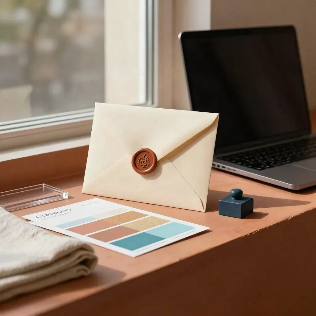 Kit brand e email con busta sigillata, campioni colore, timbro logo e laptop chiuso in luce calda.