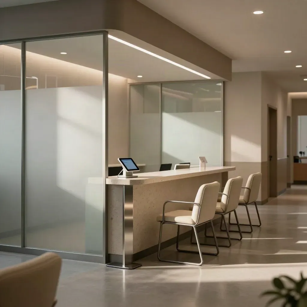 Reception di studio medico completata con sedie allineate, banco e vetro satinato.