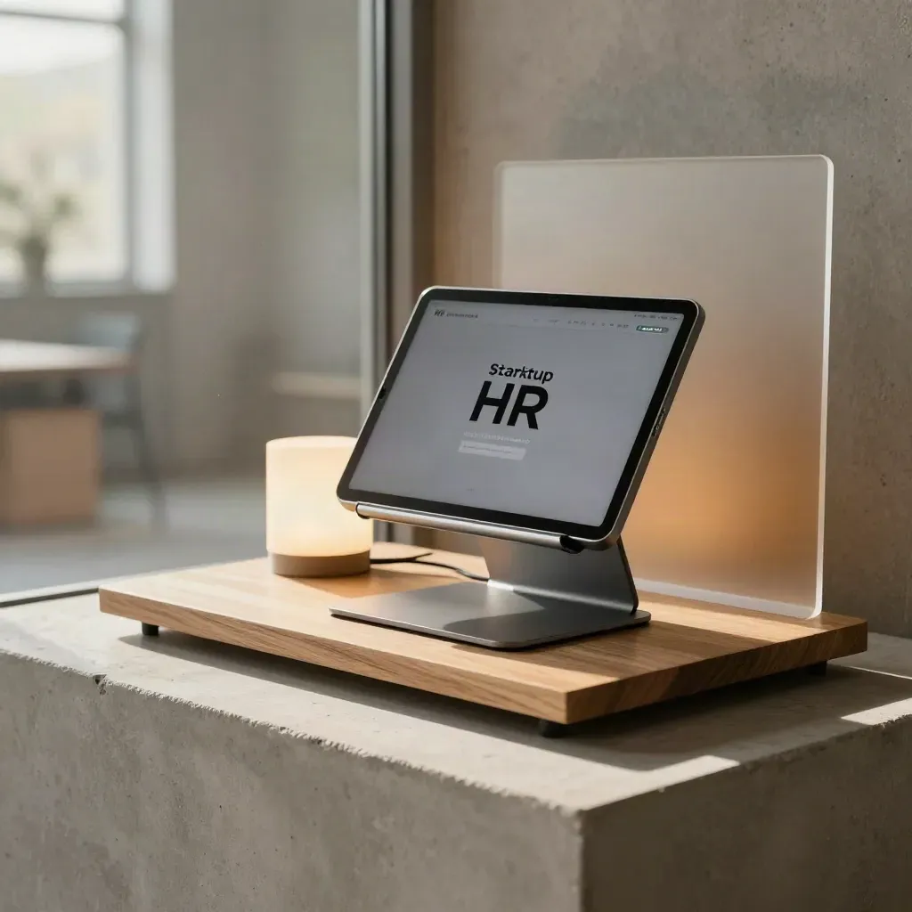 Angolo ufficio HR con tablet inclinato, kiosk discreto e vetro satinato in luce calda.