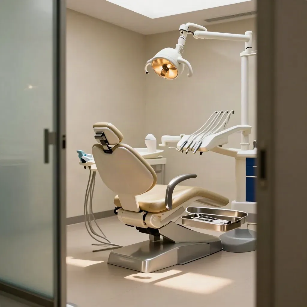 Studio dentistico vuoto e impeccabile, con poltrona, lampada e vassoio in luce calda.