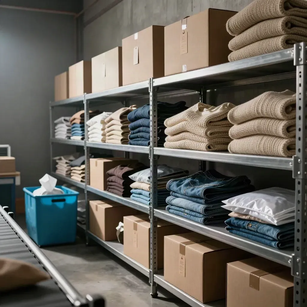 Magazzino moda ordinato con scatole, capi piegati e materiali di spedizione in movimento
