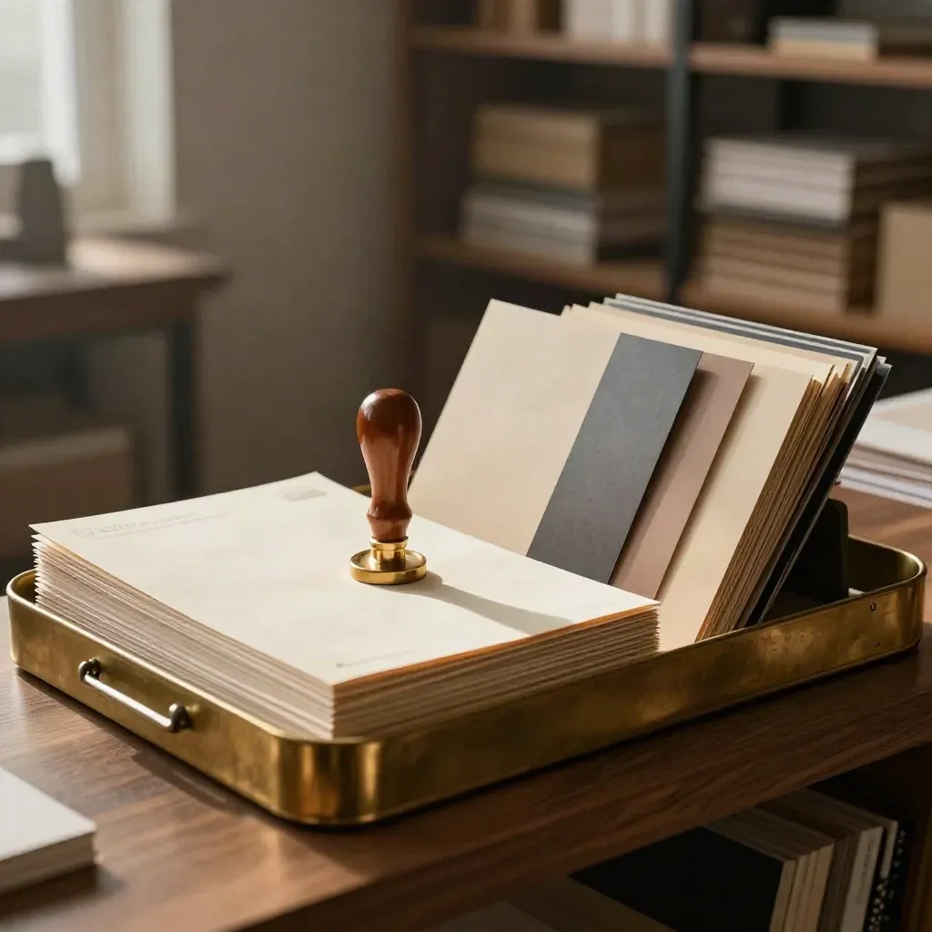 Kit editoriale per consulente B2B con vaschetta postale, carte campione e sigillo di cera.