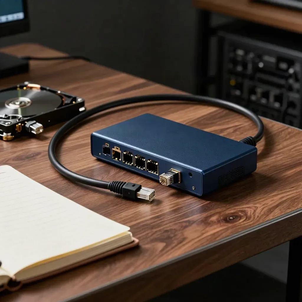Kit tecnico SEO con cavo ethernet, hub diagnostico, notebook chiuso e hard disk su banco scuro.