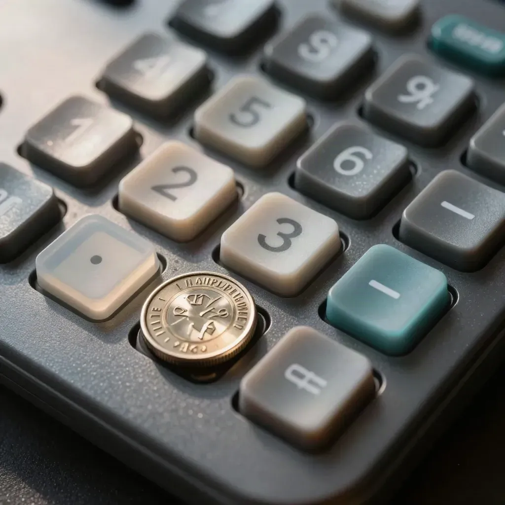 Primo piano di tasti calcolatrice, gettoni budget e tessera performance su metallo grafite.