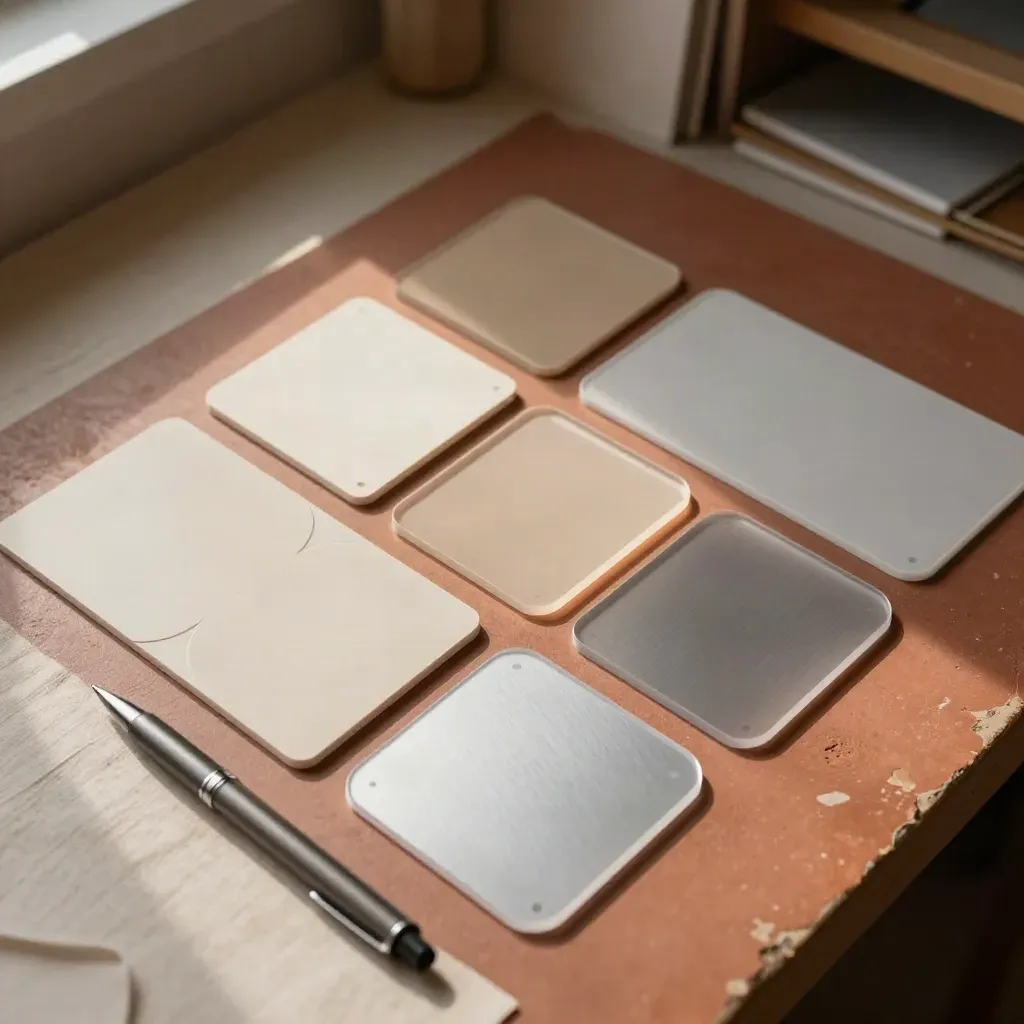 Composizione dall’alto con campioni colore, sagome in acetato e penna da design su piano terracotta.