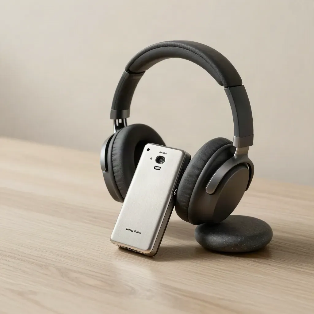 Cuffie da studio, registratore audio e peso in pietra su legno chiaro