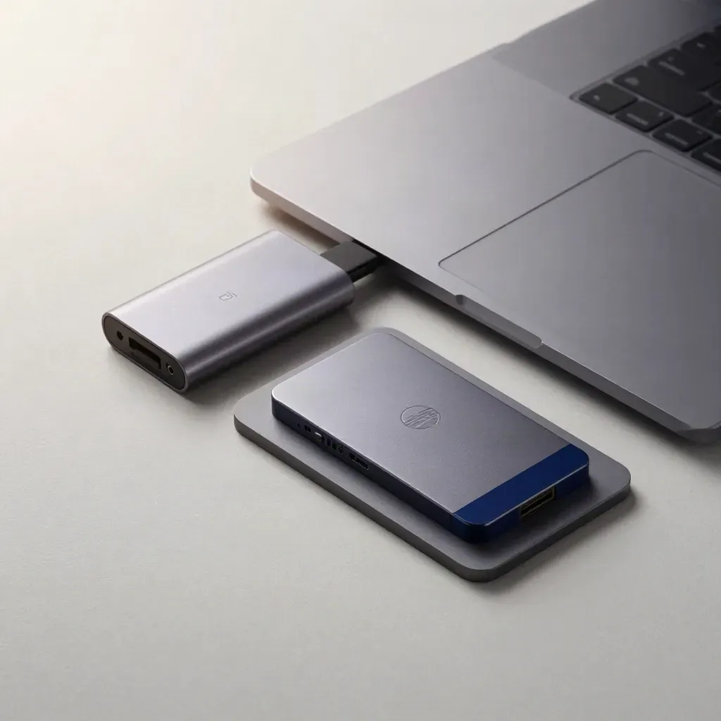 Laptop semichiuso, hub cavi e SSD su vassoio chiaro, luce morbida e diagonale.