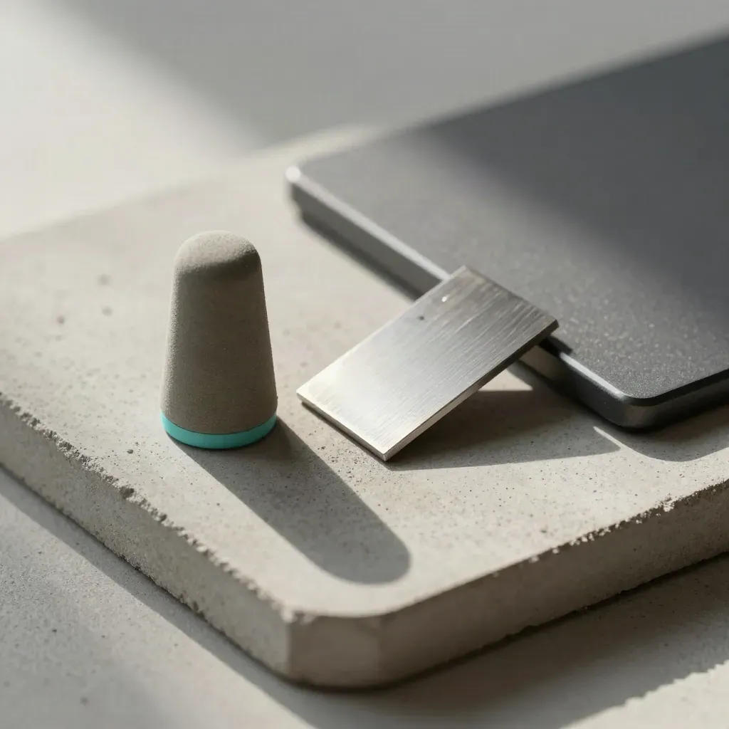 Un puck colore, un chip metallico e un tablet chiuso su cemento, luce morbida laterale.