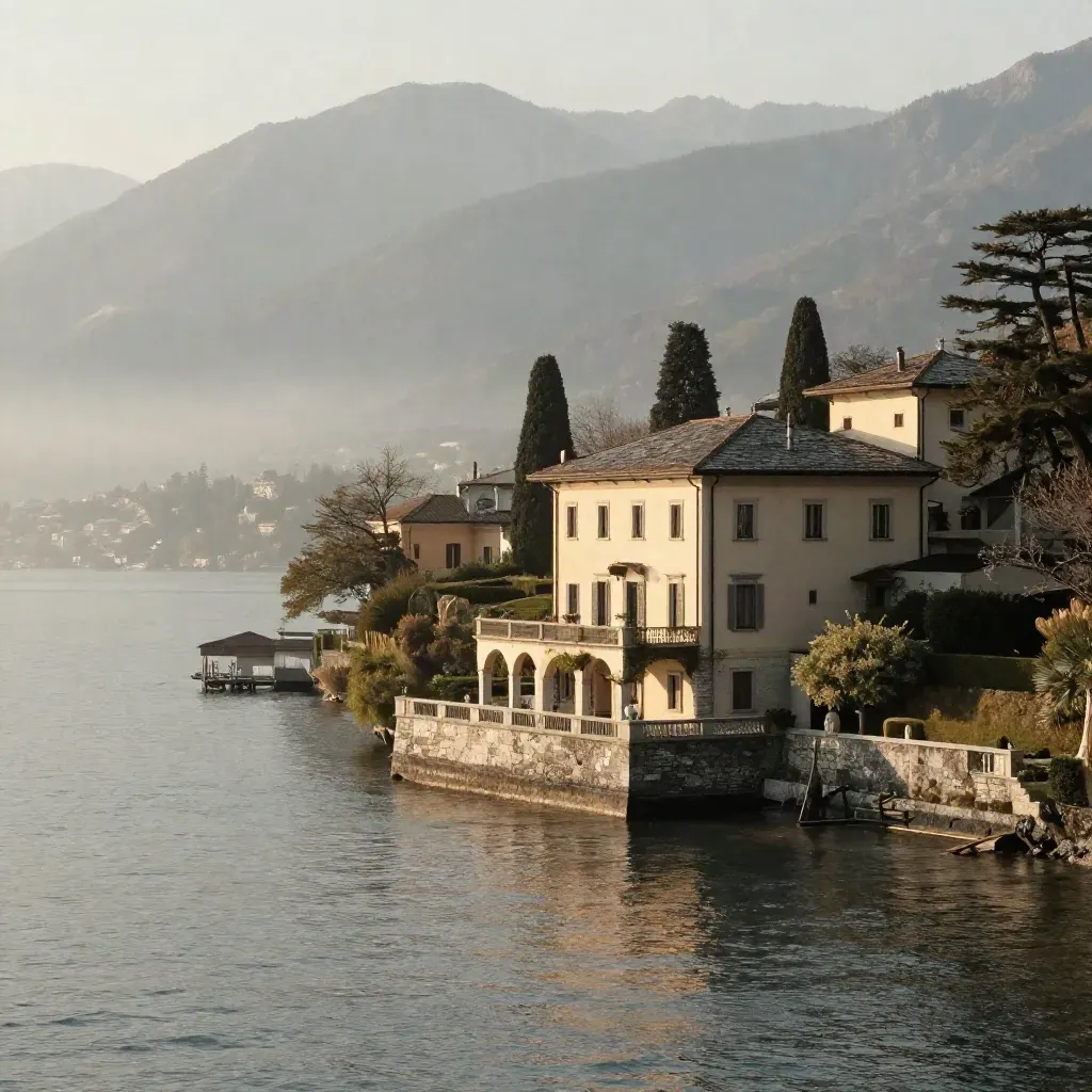 Lago di Como con ville terrazzate, montagne in foschia e acqua calma per il testo