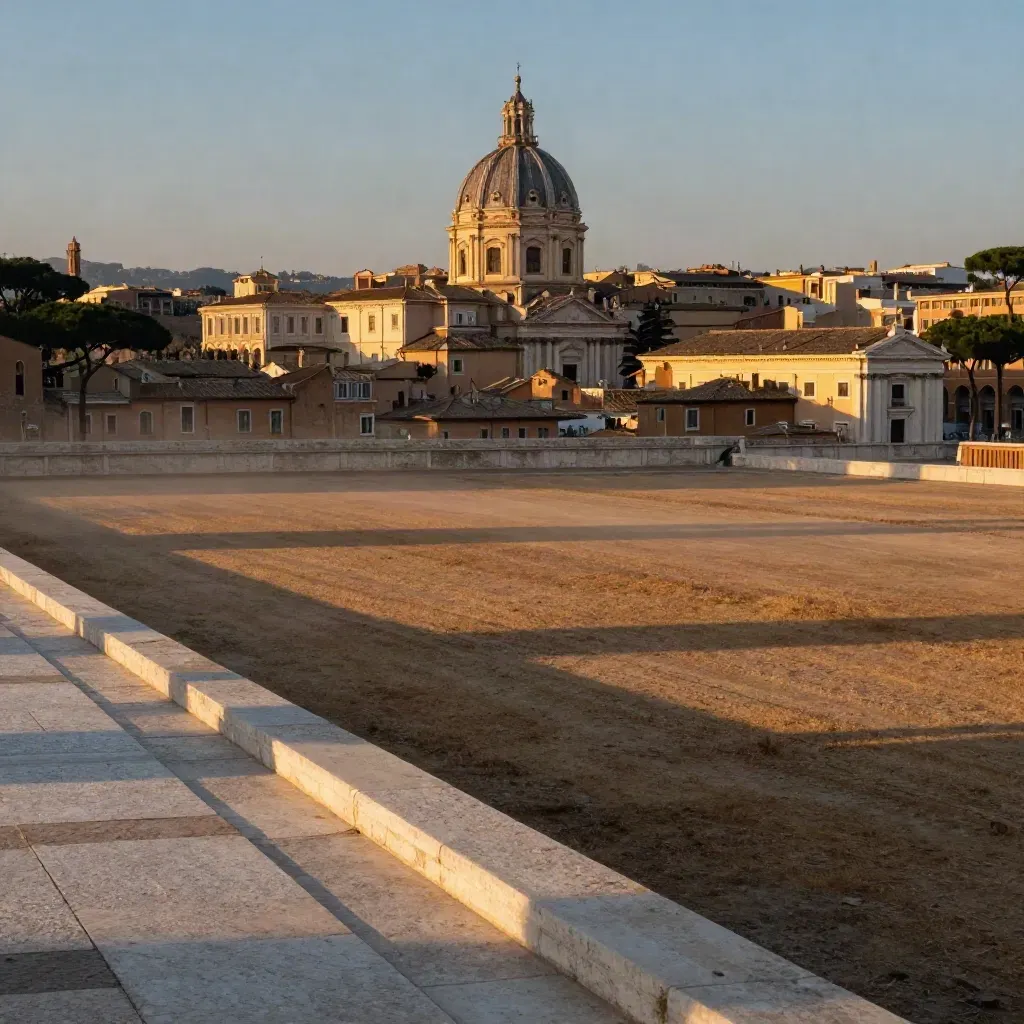 Veduta dorata del Lazio con le cupole di Roma e i tetti di travertino in alto.