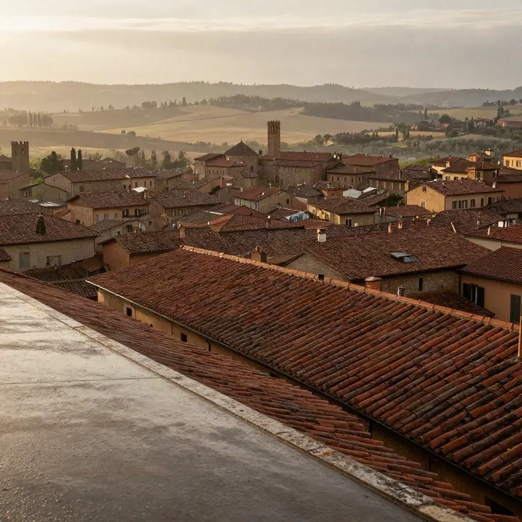 Panorama di Bologna dopo la pioggia, tetti in terracotta e colline velate di foschia.