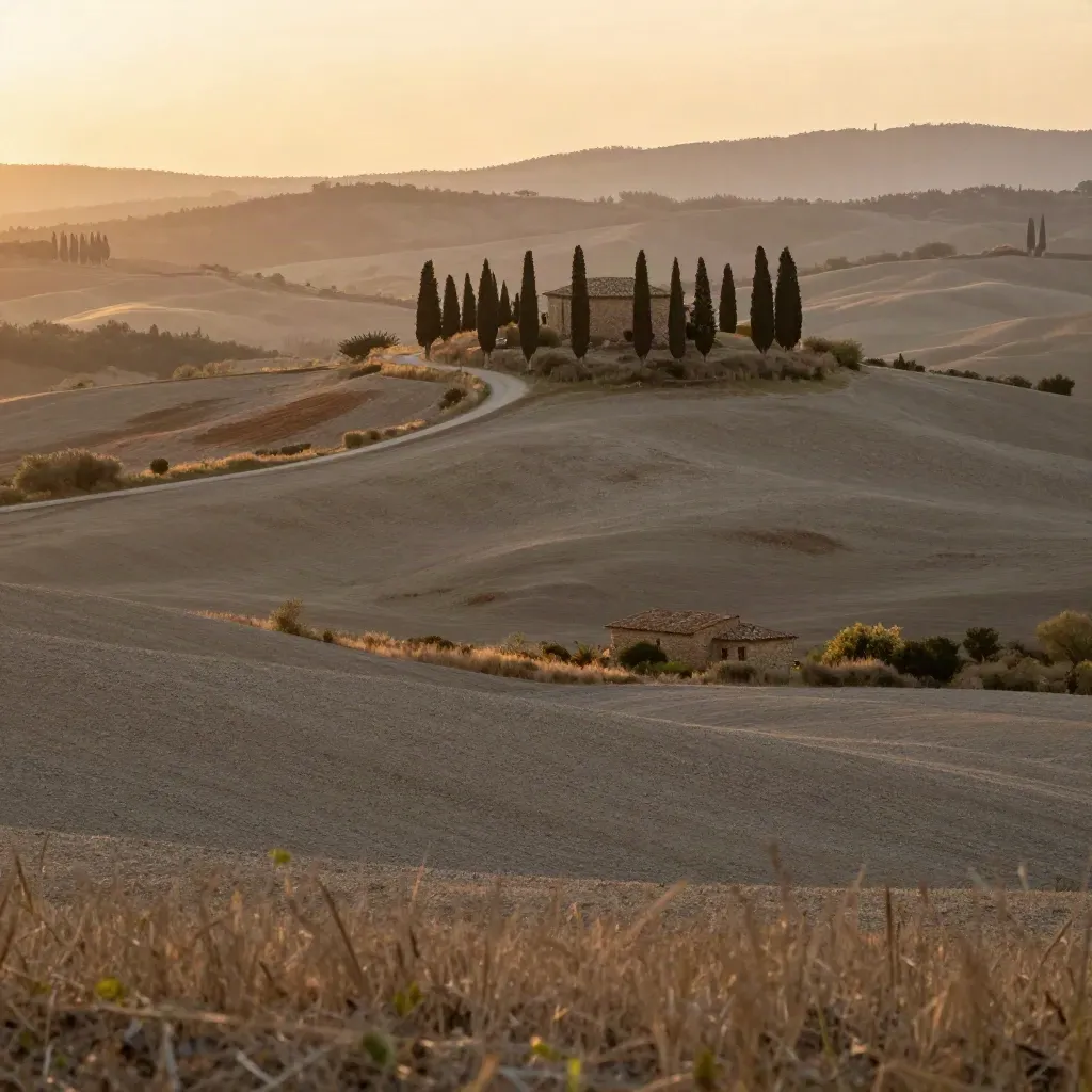 Colline toscane al tramonto con cipressi, strada bianca e foschia calda.