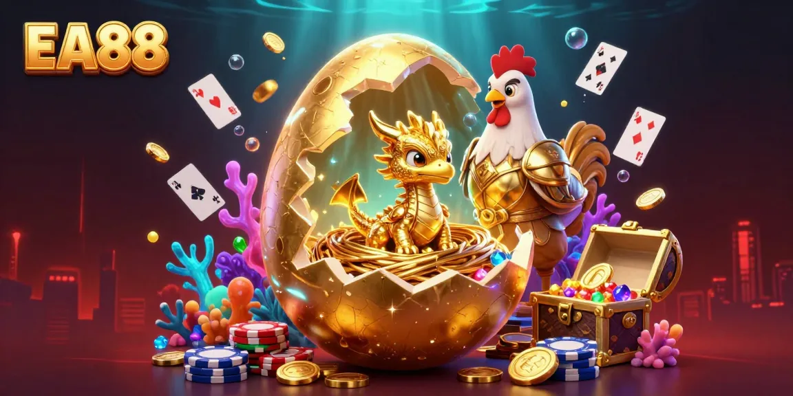 Win big with EA88's dazzling casino features, showcasing a golden dragon and poker chips.