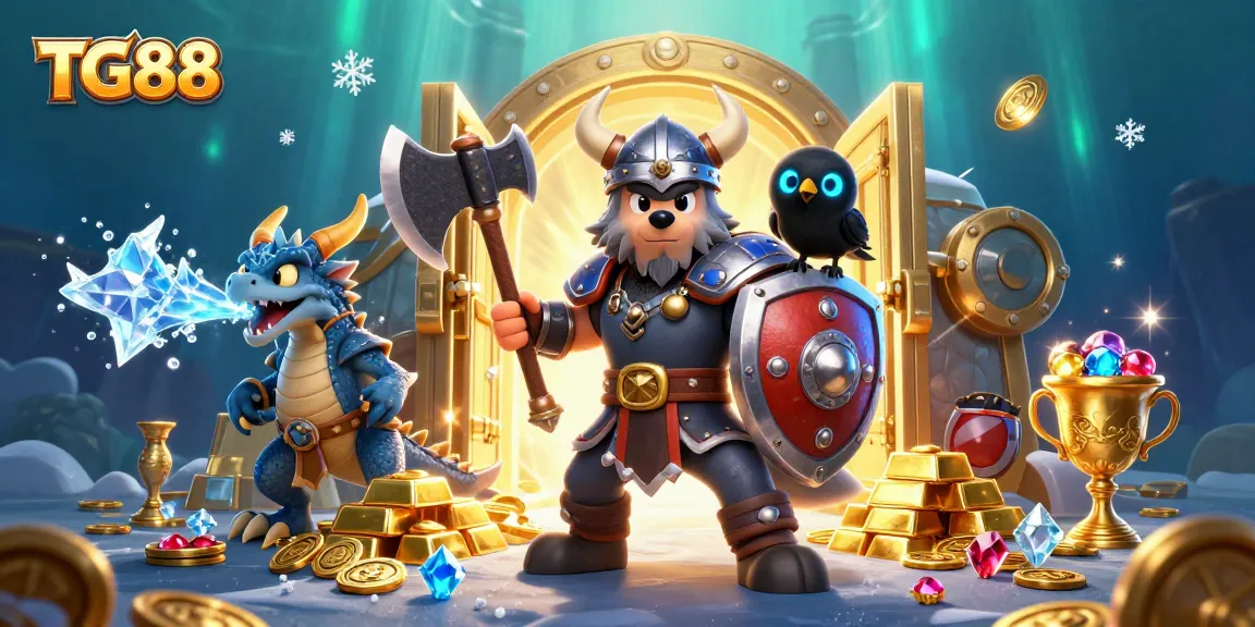 Experience thrilling gaming at TG88 with a mystical Viking warrior, dragon, and treasures.