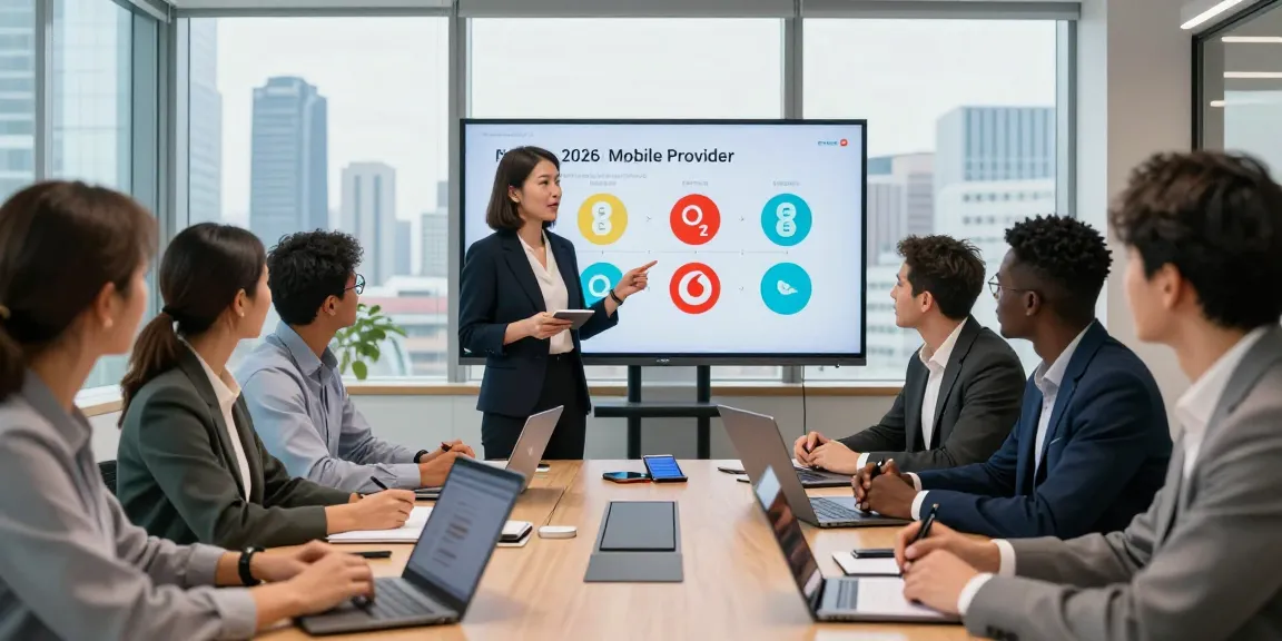 Team discussing which business mobile provider is best UK in a modern office.