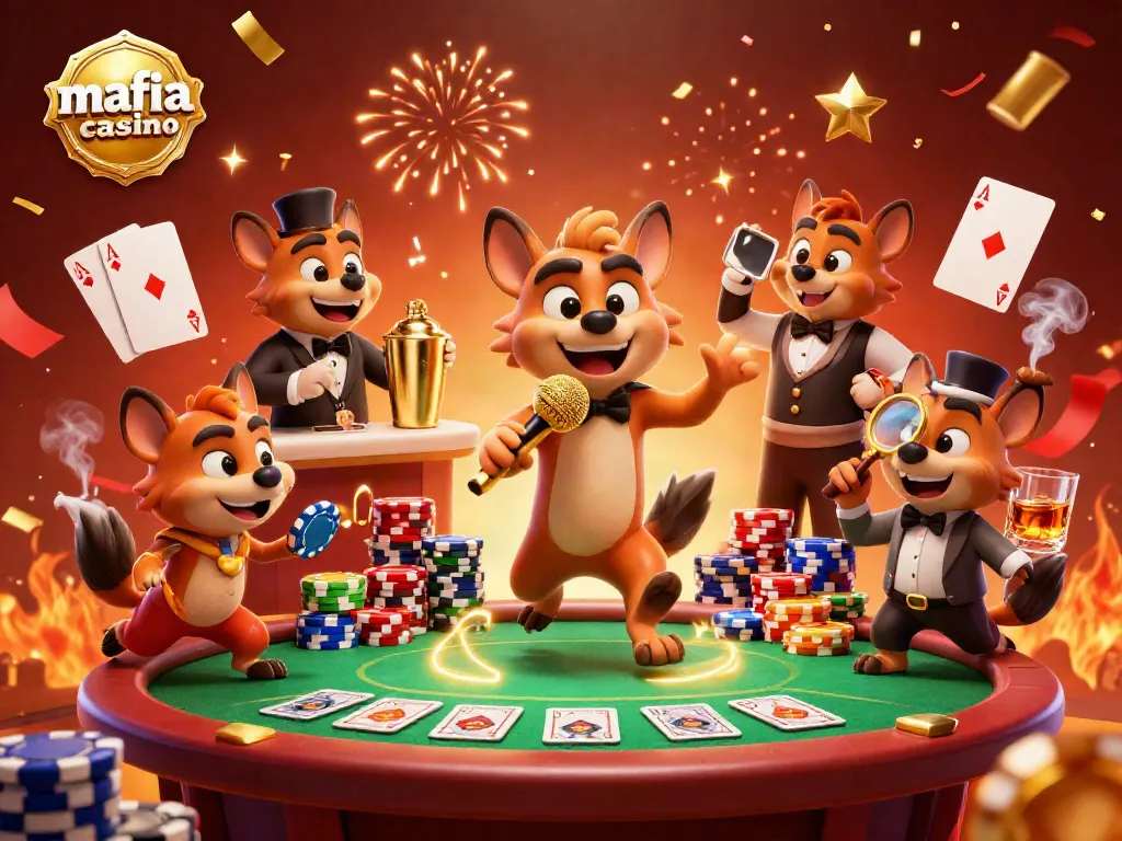 Mafia casino scene featuring hyena characters in a vibrant comedy club with chips and poker table.