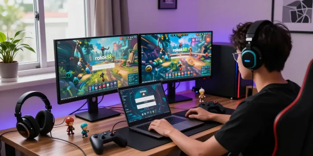 Person setting up rokok88 link login on a laptop in a vibrant gaming workspace