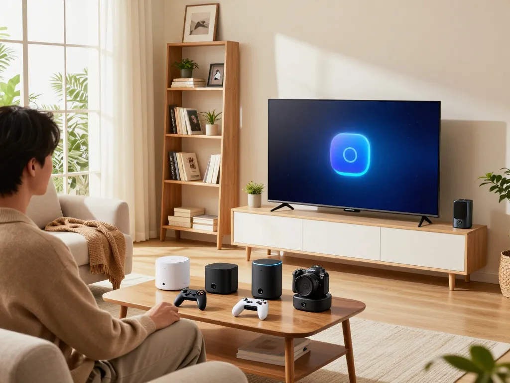 Exploring trending tech gadgets in cozy living room with smart devices and controllers.
