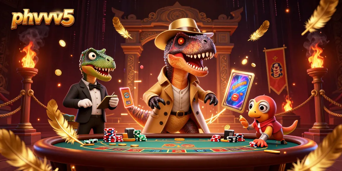 Engage with phvvv5 at a dynamic casino scene featuring clever velociraptor card counter action.