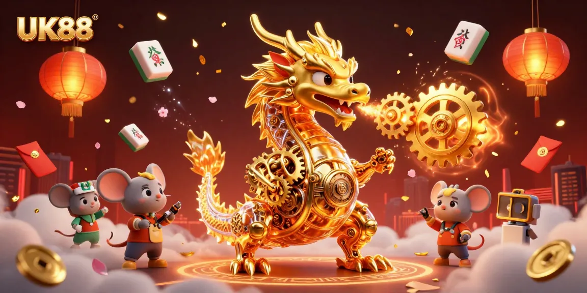 Engage with UK88 in an electrifying 3D dragon-themed casino scene with mahjong tiles and golden lanterns.