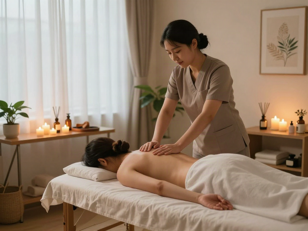 Serene wellness scene of 강동구출장마사지, highlighting a therapist providing a soothing massage in a calming studio.