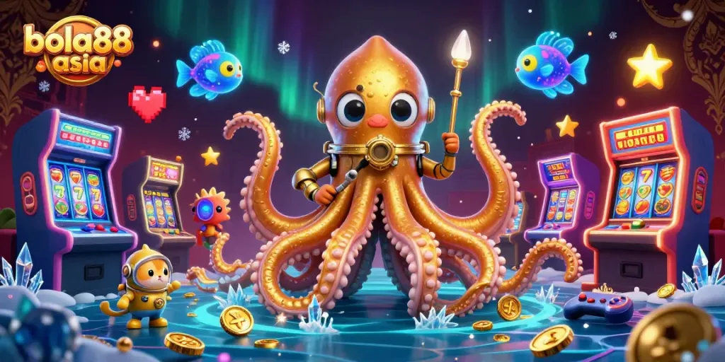 Bola88 Asia showcases an exhilarating 3D illustration with a kraken, diving cat, and glowing fish in an adventurous casino realm.