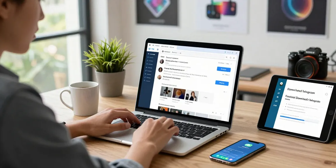 Download Telegram with a user-focused workspace showing the app interface on a laptop amidst a bright, modern setting.