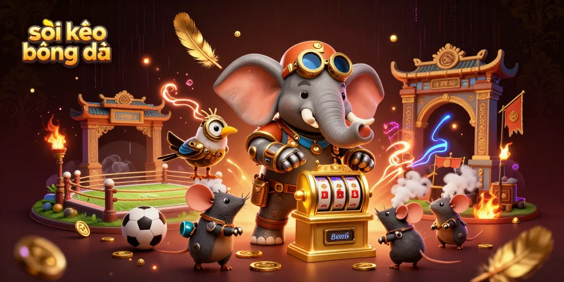 Soi kèo bóng đá scene showcasing a steampunk elephant with a slot machine while surrounded by sports elements and gold coins.