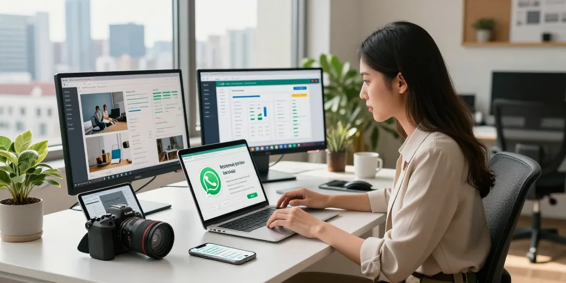 Engaged professional using WhatsApp網頁版 in a vibrant workspace showcasing productivity and tech integration.