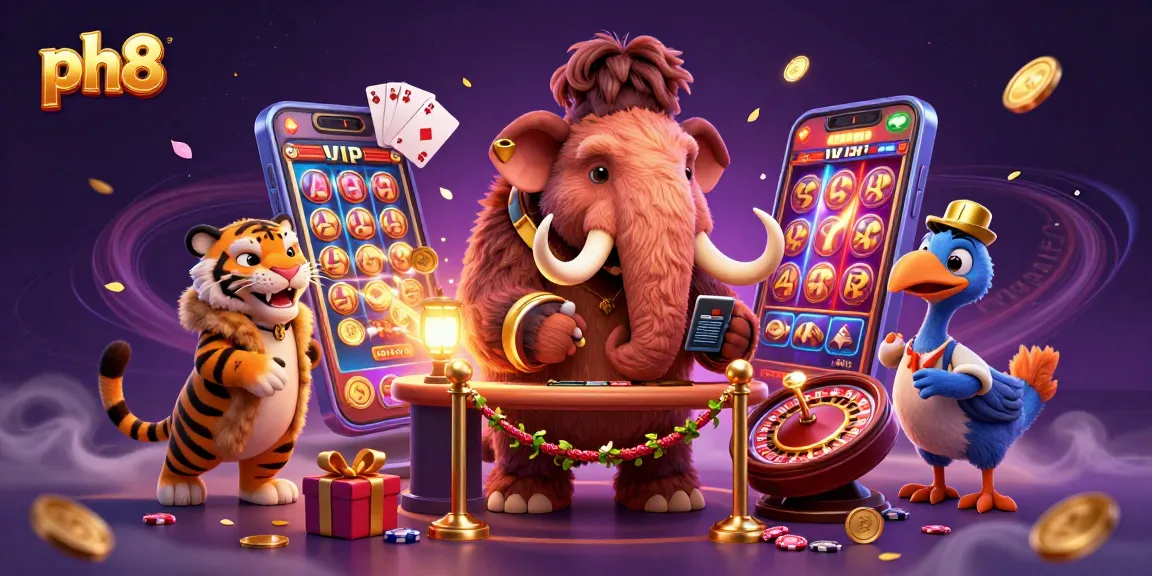 Experience thrilling gaming at ph8 with a cartoon bouncer, VIP guest, and engaging casino elements.