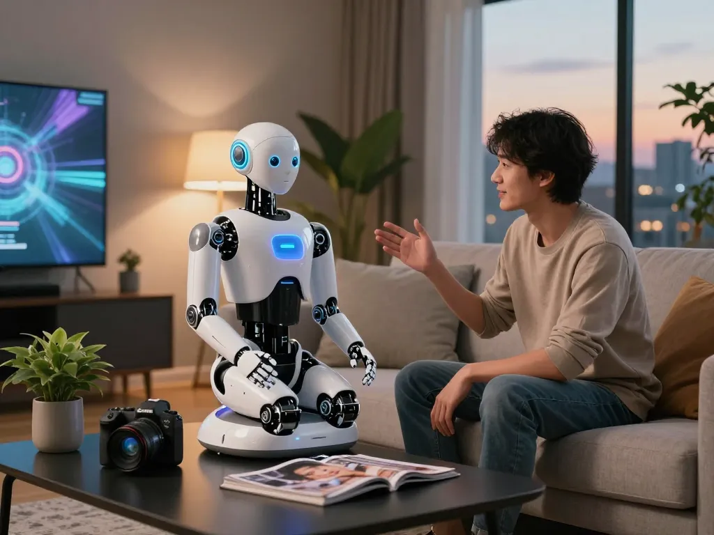 Engaging scene of a sex bot interacting with a user in a sleek modern living room, showcasing advanced robotics and personal connection.