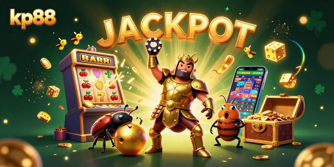 Spin the reels on kp88's thrilling slots and jackpot, featuring a victorious hercules beetle!