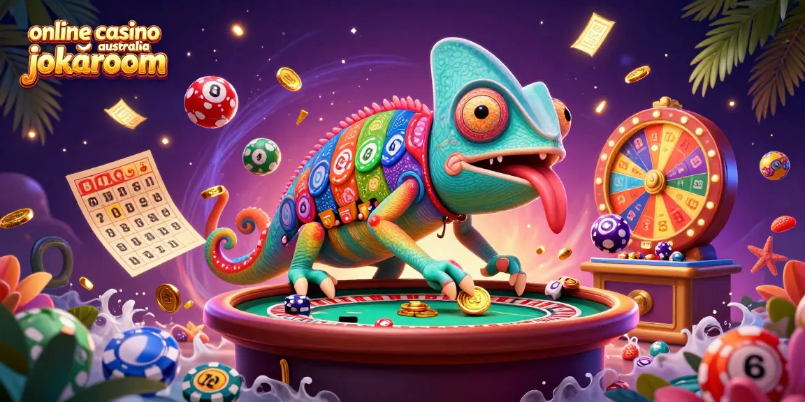 Visualize excitement at the online casino australia jokaroom with a chameleon owner in a vibrant gaming scene.