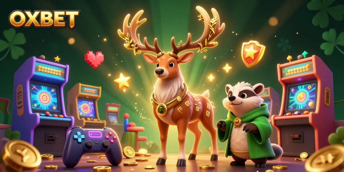 OXBET showcases a vibrant 3D scene with a Celtic druid stag and gaming elements, enhancing your casino experience.