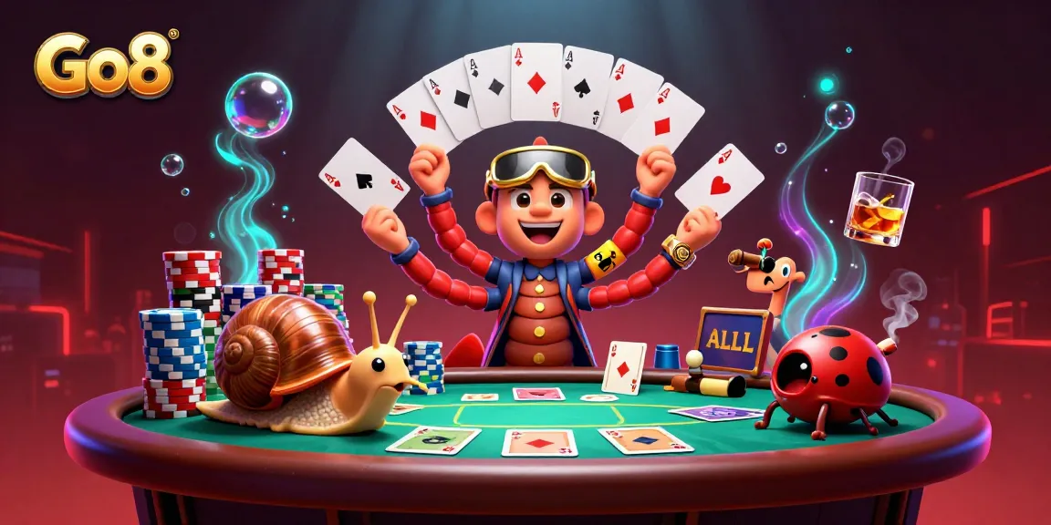 Join the excitement at Go8, where a millipede dealer dazzles with cards while a snail rolls high stakes chips.