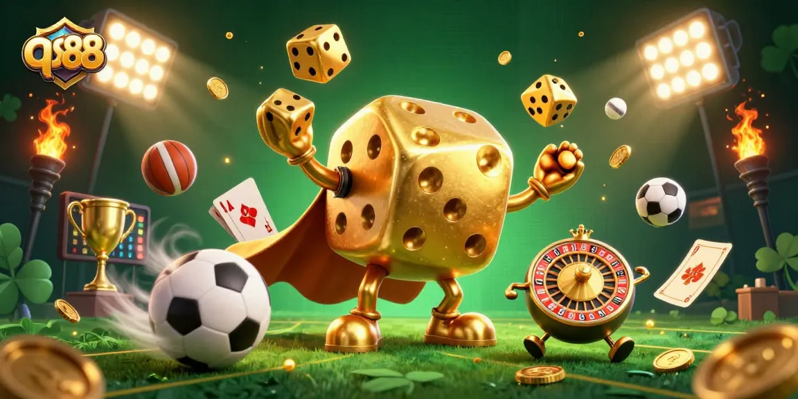 Experience thrilling gameplay at qs88 with a dynamic 3D illustration of casino elements and characters.